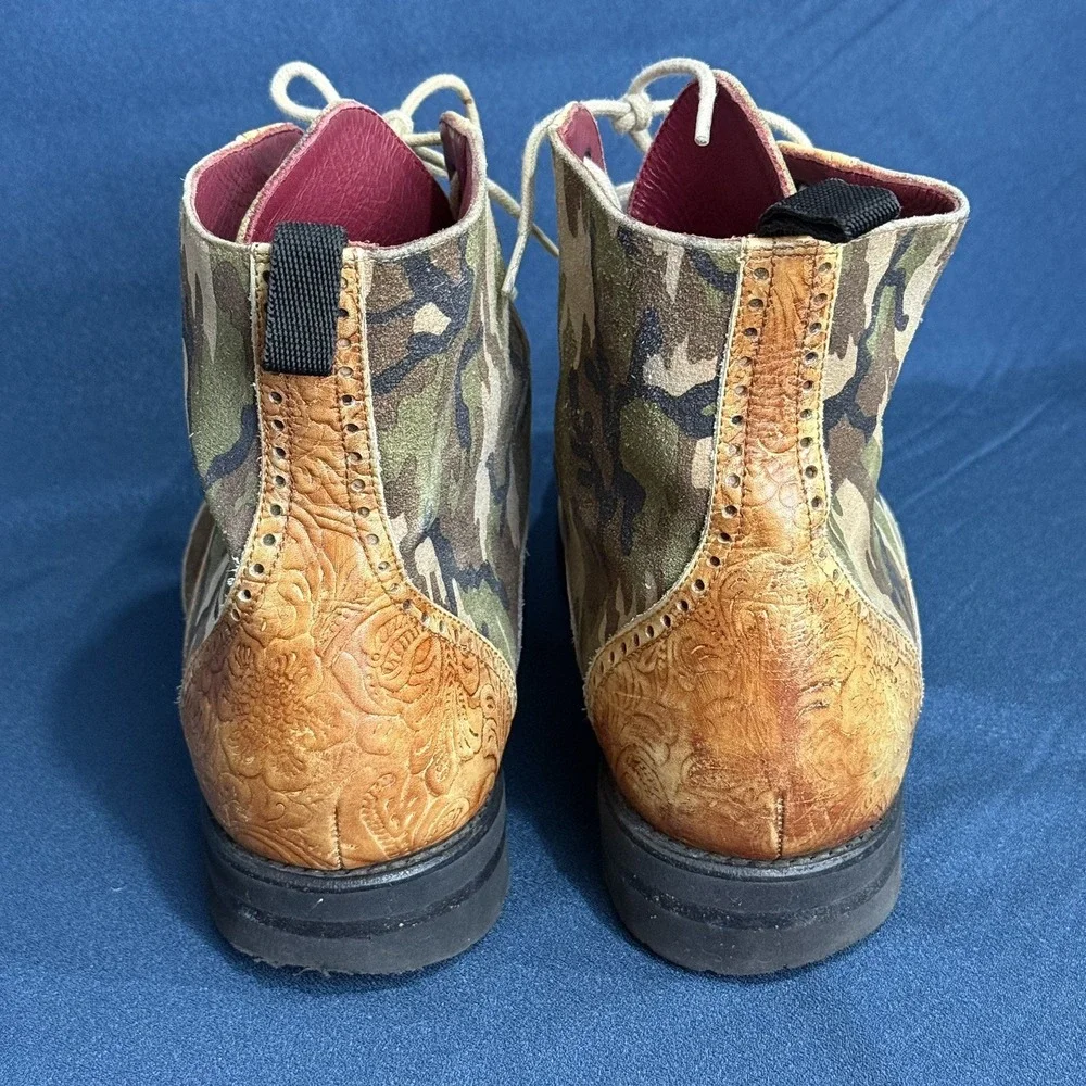 TAFT Mens Size 9 Camo Leather Wingtip Brogue Boots Handcrafted Spain Combat Boot